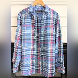 Ralph Lauren Slim Fit Plaid Flannel Shirt Blue Pink L Performance Cotton